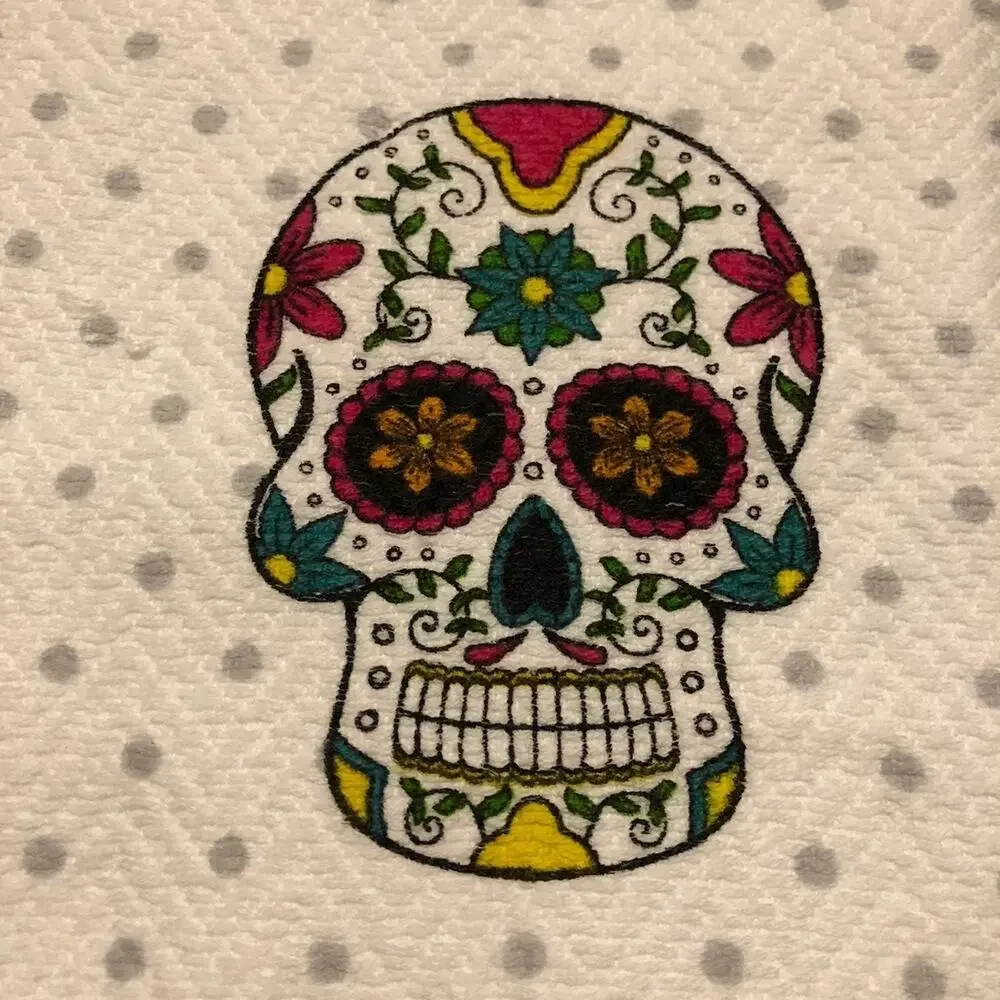 Skull Print Halloween White Dots Gray Kitchen Towels Set NWT